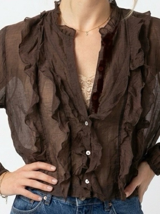 Zara Tops - 🆕 Zara V‑neck Tunic-top Semi Sheer Ruffles Mother‑of‑pearl Buttons PuffLS BRN XL
